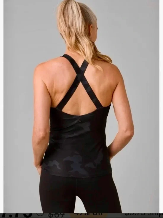 prAna Layna Bra Tank Scoop Neck Cross Back Black Camo Yoga Workout Small - Picture 2 of 7